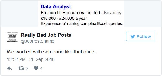 bad data analyst job ad tweet
