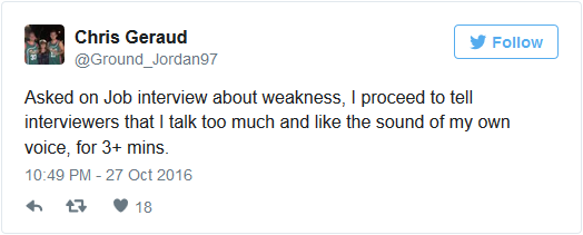 chris geraud tweet job interview weakness talks too much
