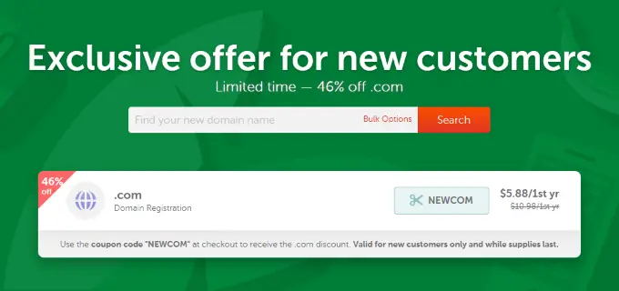 Namecheap banner for 46% off .com domain registration