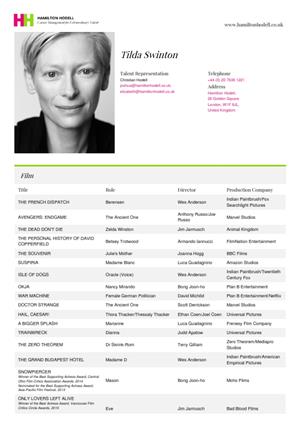 tilda swinton acting resume