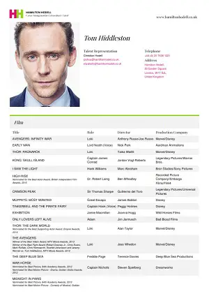 tom hiddleston acting resume