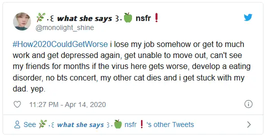 #How2020CouldGetWorse i lose my job somehow or get to much work and get depressed again, get unable to move out, can't see my friends for months if the virus here gets worse, develop a eating disorder, no bts concert, my other cat dies and i get stuck with my dad. yep.