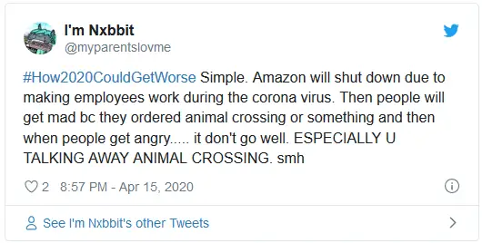 #How2020CouldGetWorse Simple. Amazon will shut down due to making employees work during the corona virus. Then people will get mad bc they ordered animal crossing or something and then when people get angry..... it don't go well. ESPECIALLY U TALKING AWAY ANIMAL CROSSING. smh