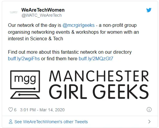 Our network of the day is @mcrgirlgeeks - a non-profit group organising networking events & workshops for women with an interest in Science & Tech Find out more about this fantastic network on our directory https://buff.ly/2wgiFhs?utm_source=rss&utm_medium=rss or find them here https://buff.ly/2MQzGt7?utm_source=rss&utm_medium=rss