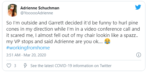 So I'm outside and Garrett decided it'd be funny to hurl pine cones in my direction while i'm in a video conference call and it scared me, I almost fell out of my chair lookin like a spazz.. my VP stops and said Adrienne are you ok...